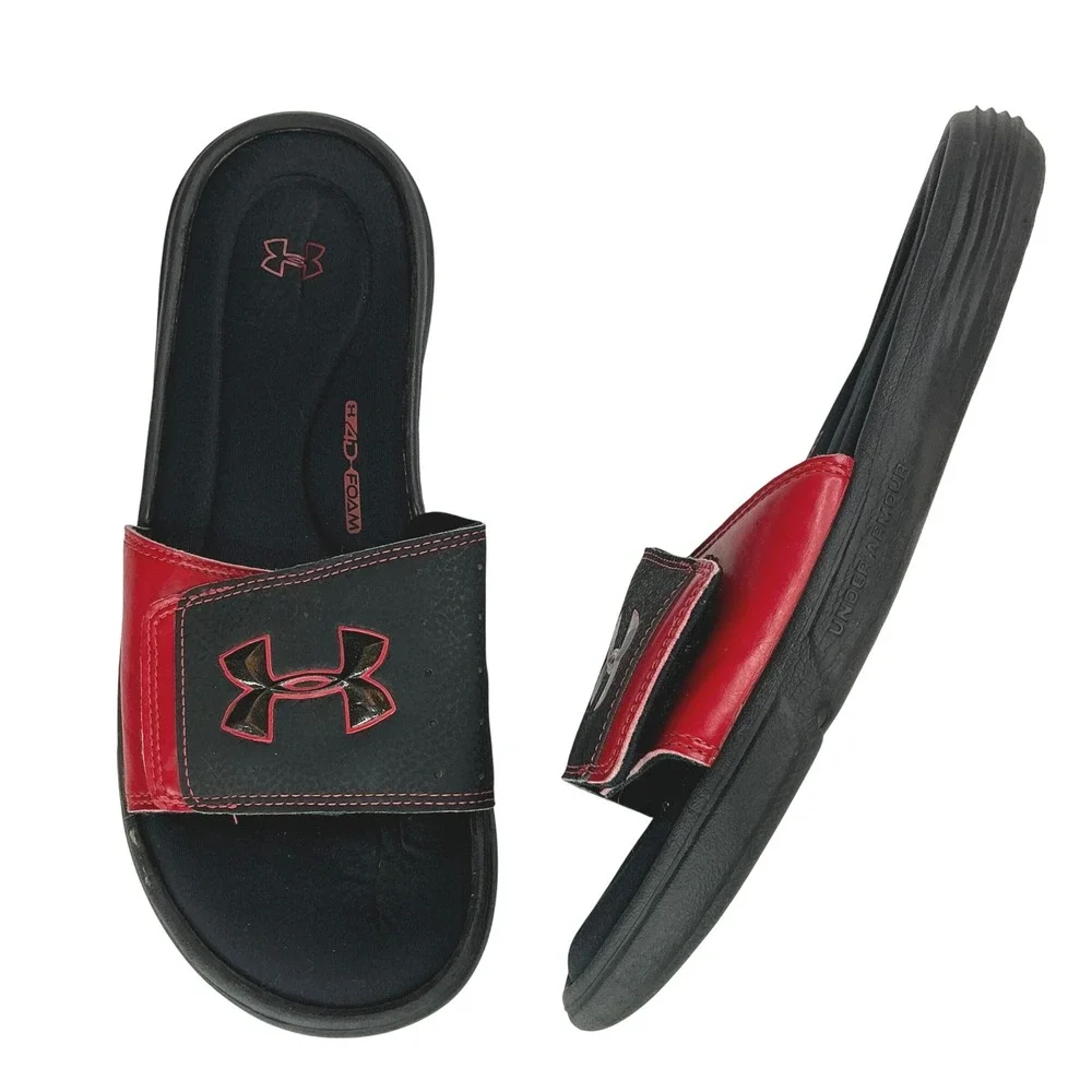 Under Armour Black Red Ignite Slides Mens 10 Adjustable 4D Foam 1235584-004
